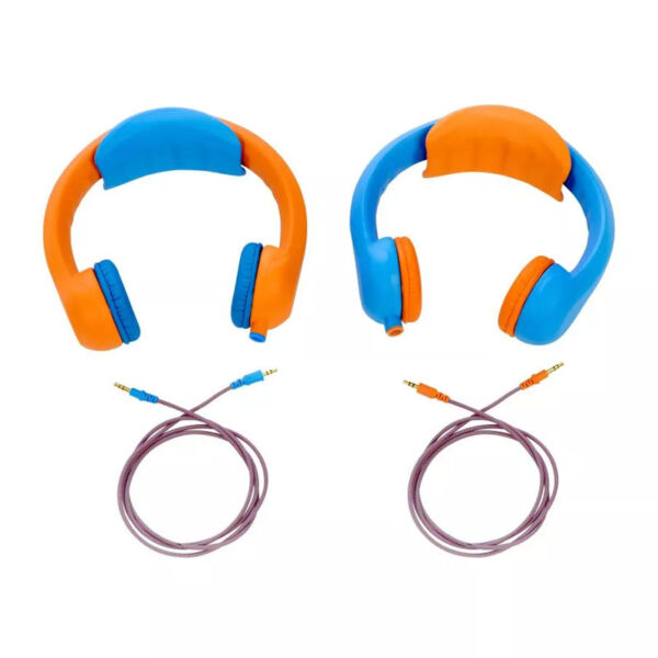 Deux casques audio KidsCover orange et bleu avec câbles renforcés